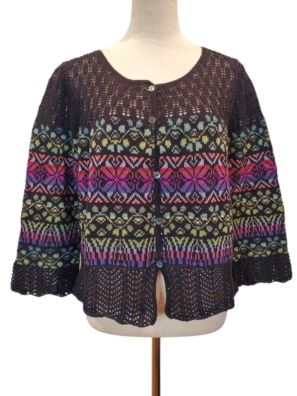 Peruvian Connection SZ L Fair Isle Cardigan Sweater 100% Pima Cotton Black Multi